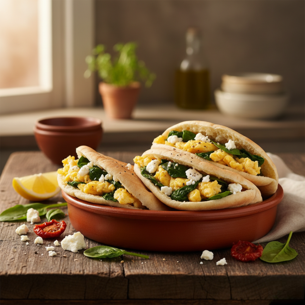 Spinach and Feta Scrambled Egg Pitas