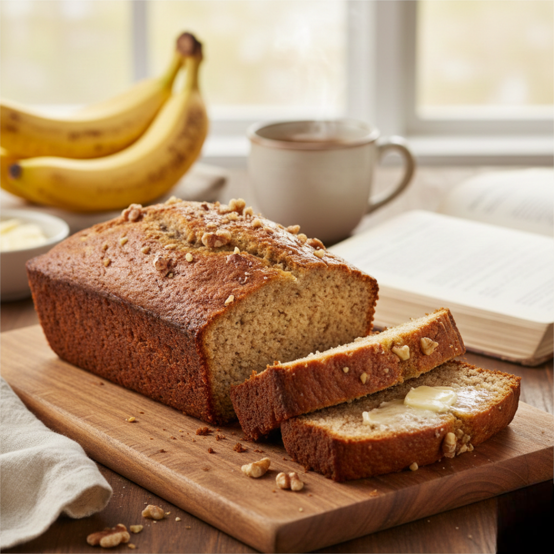 Freshly baked banana bread recipe  sliced on a wooden board with melted butter and walnuts, featuring ripe bananas and a coffee cup in a cozy kitchen setting.
