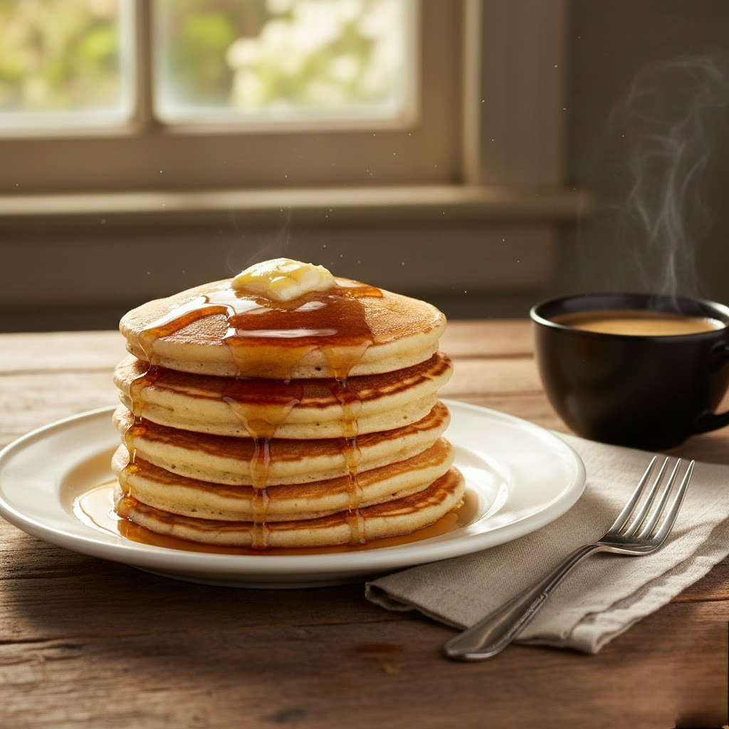 Stack of golden fluffy easy pancake recipe on a white plate drizzled with maple syrup and topped with fresh butter, featuring a fork and coffee cup on a rustic wooden table in warm morning light.