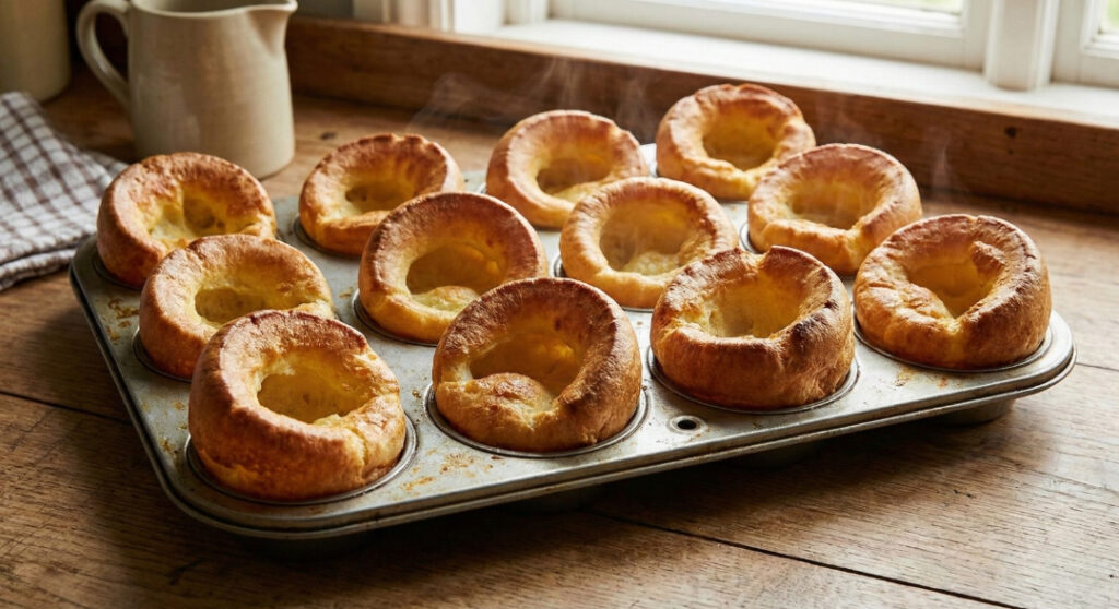 A tray of twelve golden-brown, tall Yorkshire puddings recipe that is cooked fresh from the oven, showing a deep well in the center and crispy, airy edges.
