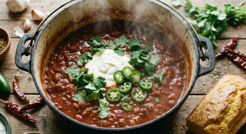 A bowl of homemade healthy Chilli Con Carne topped with herbs, highlighting natural ingredients and spices.