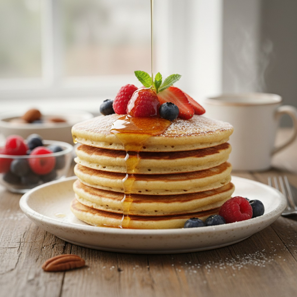 A stack of three thick, fluffy pancakes made from a homemade mix, garnished with fresh raspberries and a gentle snowfall of sugar, settling softly against the weathered grain of a rustic wooden table.