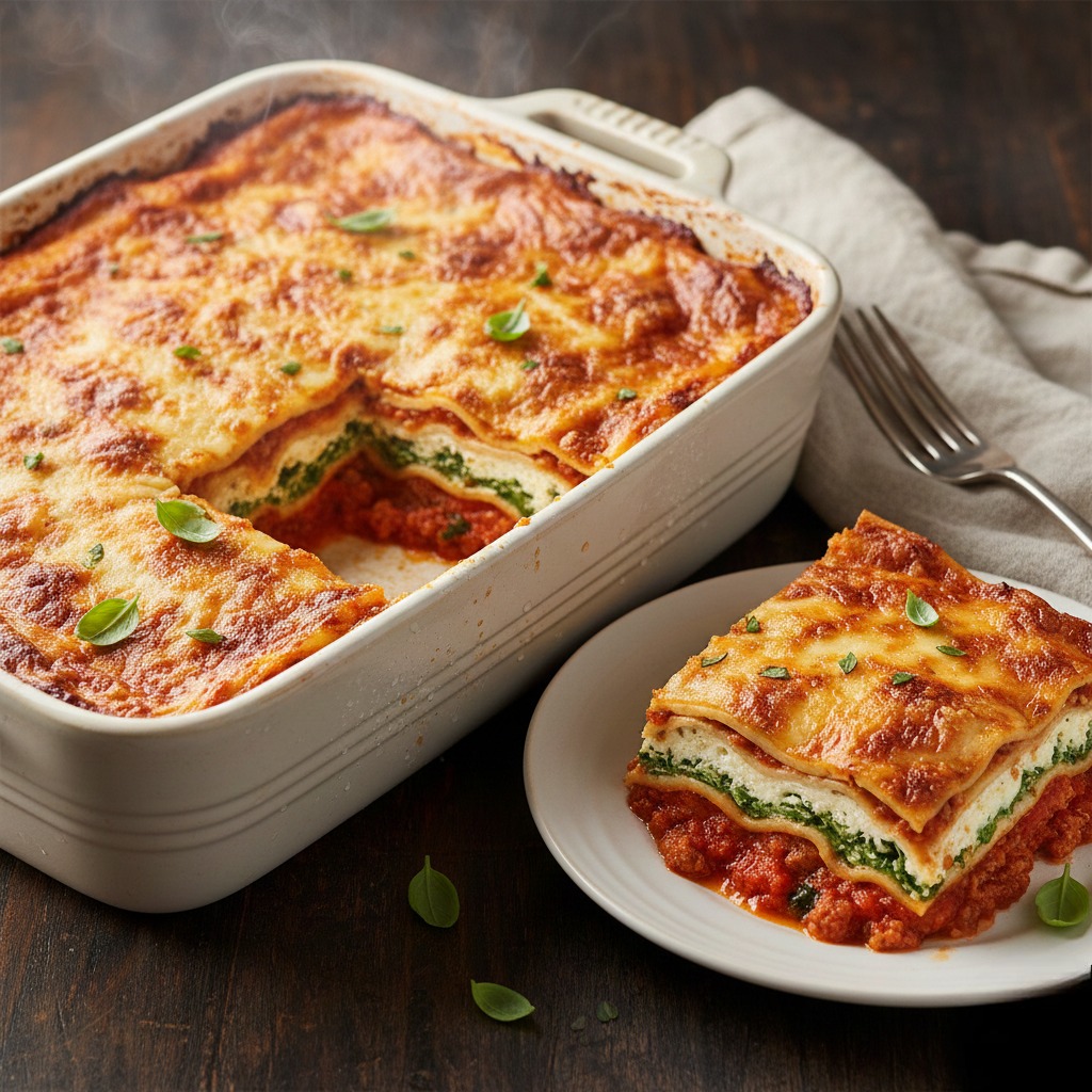 A freshly baked Lasagne Recipe, healthy lasagne with bubbling mozzarella cheese and visible layers of spinach and meat sauce, served in a white baking dish.
