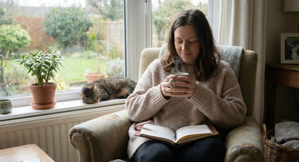 A person practicing Stress Management Techniques and Strategies to Deal with Stress at home with tea and a journal for mental clarity.
