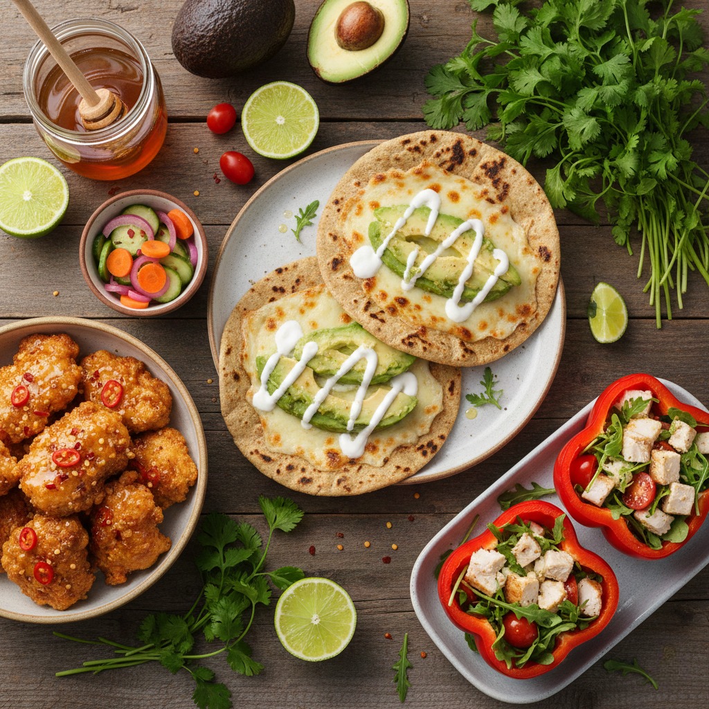 A spread of healthy DIY street food trends, including a Swicy hot honey chicken bowl, grass-fed beef smash tacos on cassava tortillas, and a chopped turkey salad in bell pepper boats, illustrating how to make viral US food trends at home for gut health and weight loss.
Street Food Couture: Viral Food Trends Hacked for Gut Health & Weight Loss