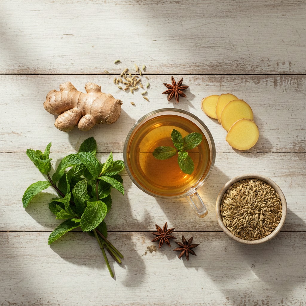 Belching, gas and bloating: Tips for reducing them at Home , Flat lay of soothing herbal teas, fresh ginger slices, and peppermint leaves on a wooden table for natural bloating relief.