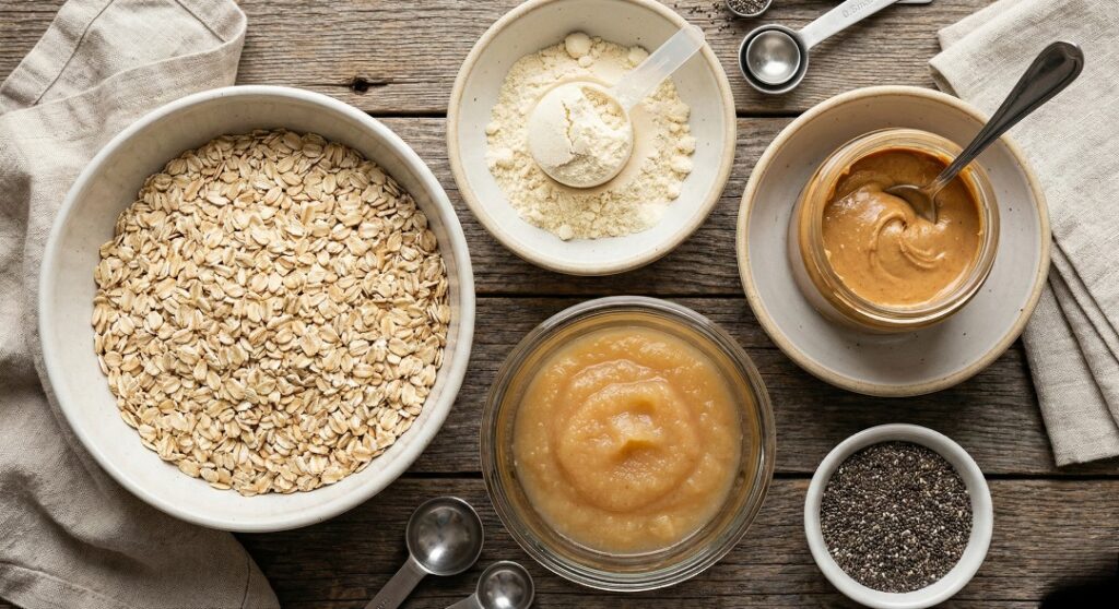 The Ultimate Healthy Flapjack Recipe: Fuel Your Body & Shed Pounds - Ingredients for healthy flapjacks including oats, protein powder, and peanut butter.