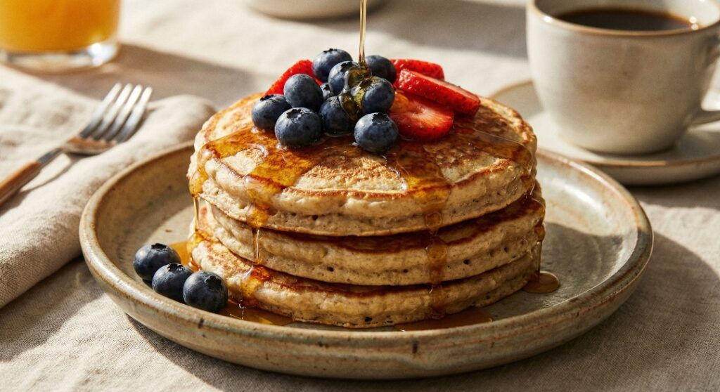 The Ultimate Guide How to Make Pancakes for a Healthy Lifestyle - A stack of healthy, high-protein oat pancakes topped with fresh berries and maple syrup, ideal for a weight loss breakfast.
