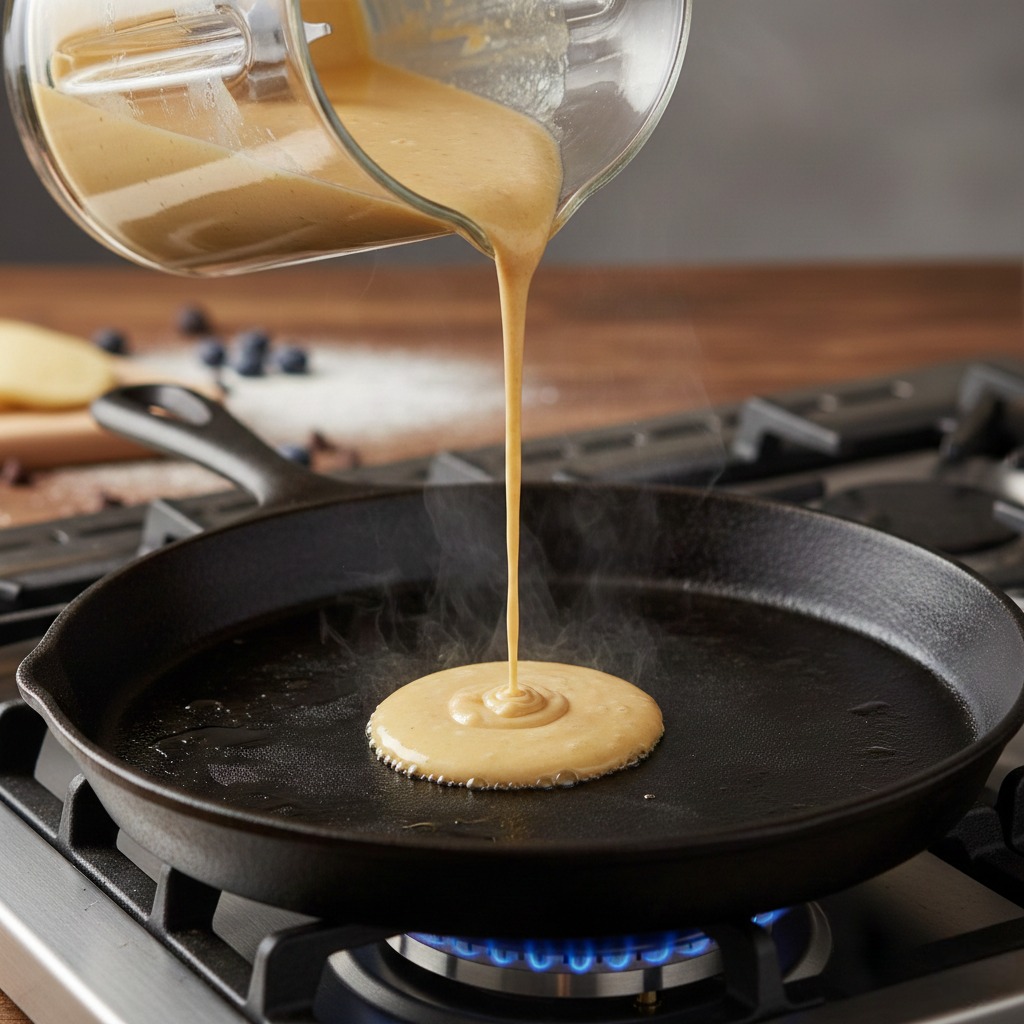  The Ultimate Guide How to Make Pancakes for a Healthy Lifestyle - Pouring freshly blended, thick oat pancake batter from a blender onto a hot skillet to cook.