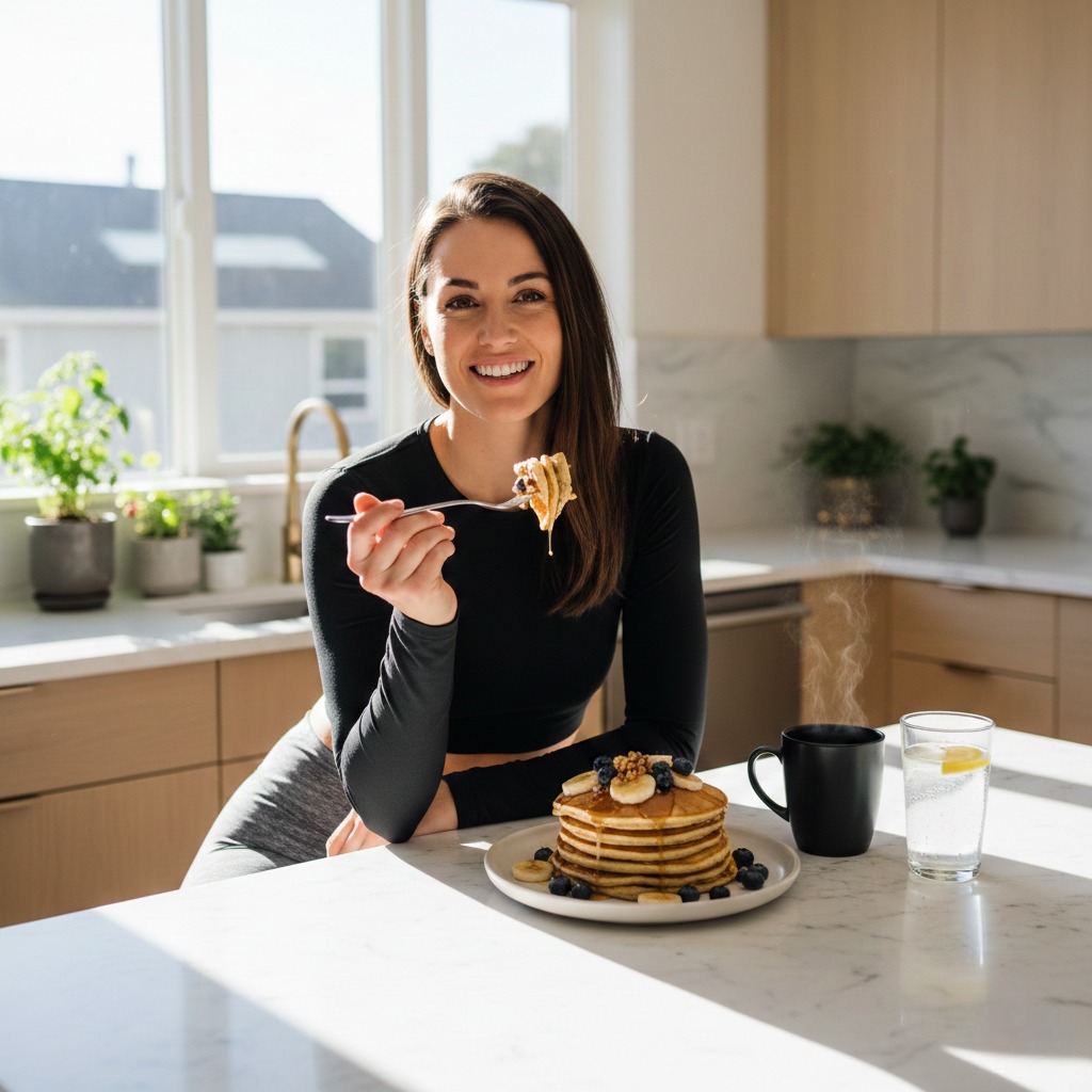 The Ultimate Guide How to Make Pancakes for a Healthy Lifestyle - A fit person enjoying a healthy breakfast of protein pancakes to support a calorie deficit and weight loss journey.