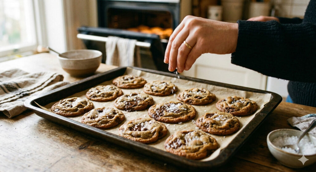 Freshly baked chocolate chip cookies on a baking pan being sprinkled with flaky sea salt.