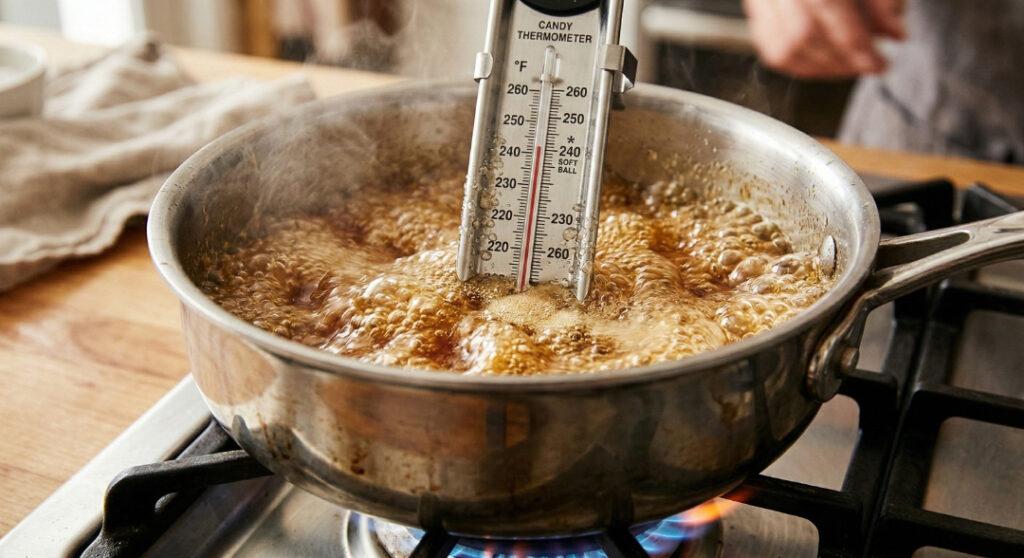  Boiling sugar and corn syrup mixture in a saucepan with a candy thermometer attached to the side.