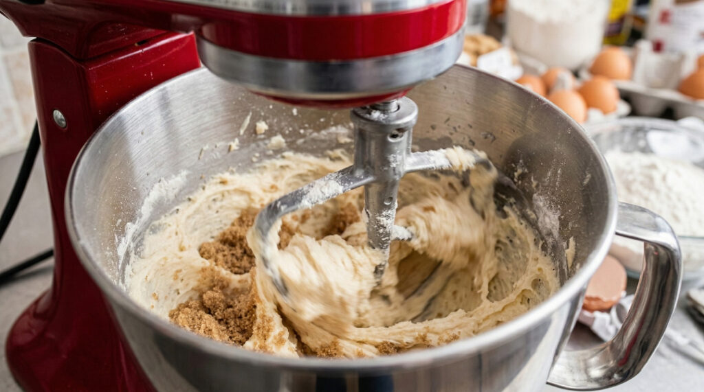 Creaming softened butter and sugars together in a mixing bowl to make chocolate chip cookie dough.