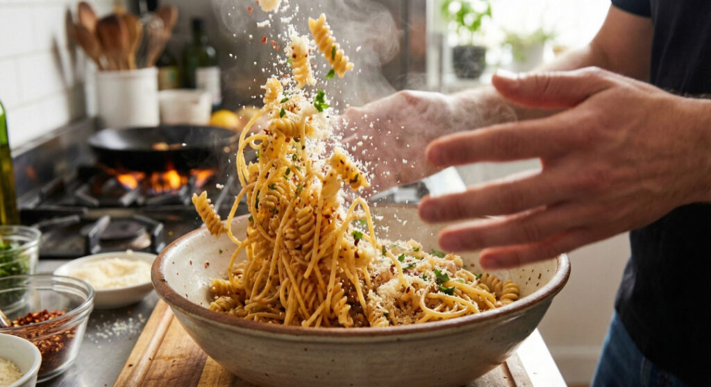 Hot, crispy fried pasta chips being tossed in a bowl with a seasoning blend of parmesan cheese, garlic, and paprika.