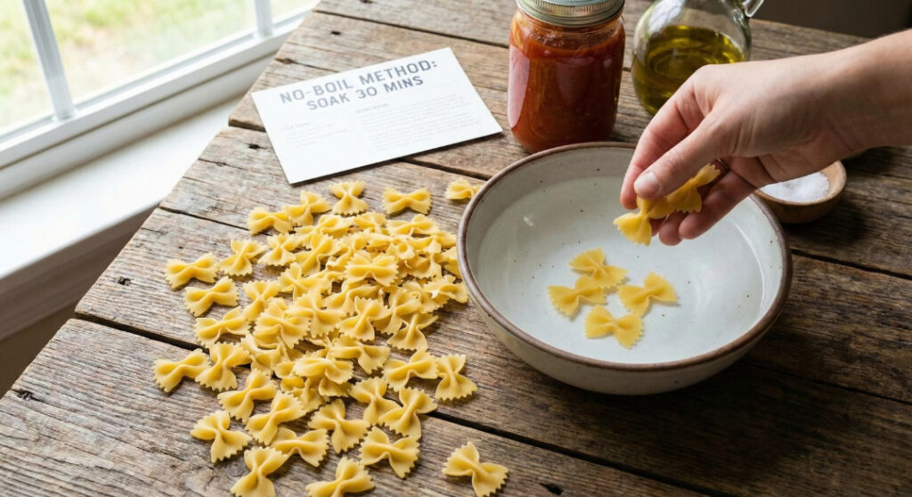 Dry farfalle pasta next to a bowl of water, demonstrating the preparation for the no-boil fried pasta snacks method.