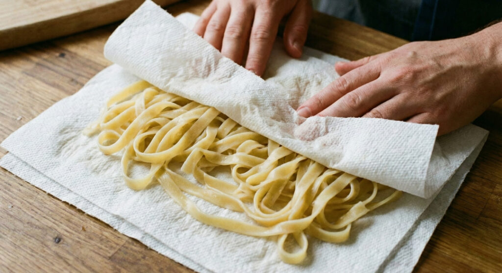 Soaked penne pasta being patted completely dry with paper towels to prevent oil splatters during deep frying.