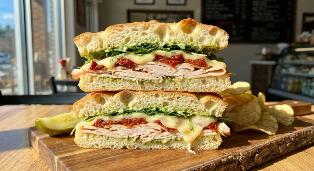 A thick grinder sandwich made with sun-dried tomato focaccia bread, turkey, and fresh greens.