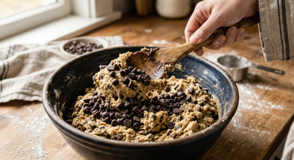 Folding rich chocolate chips into homemade cookie dough in a large glass bowl.