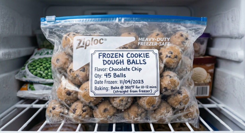 A freezer bag filled with portioned chocolate chip cookie dough balls ready for freezing and long-term storage.