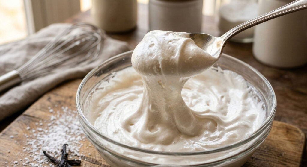  A whisk attachment lifted from a bowl, holding a massive, glossy, and stiff peak of perfectly made marshmallow fluff.