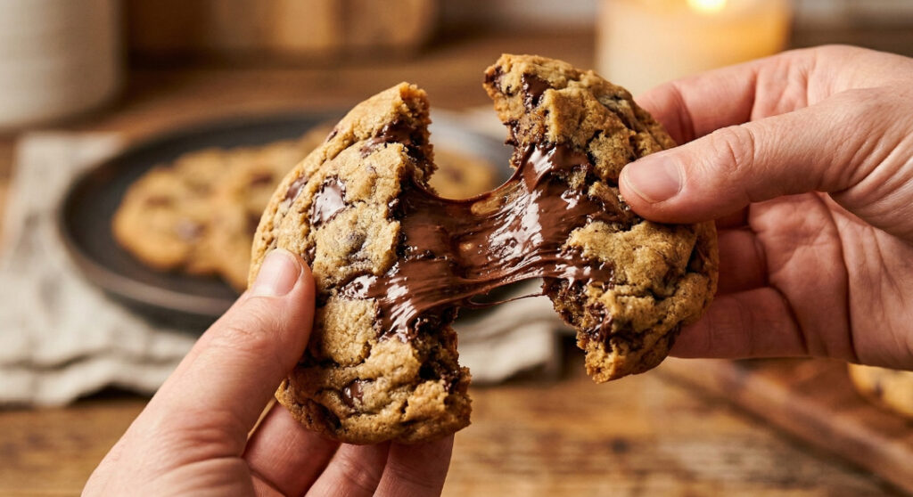 A warm, chewy chocolate chip cookie being broken in half to show the gooey melted chocolate center.