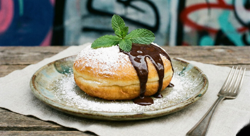 Gourmet street couture style fried dough beautifully plated with powdered sugar and chocolate drizzle.