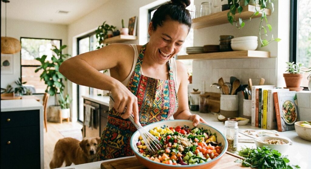 A stylish home cook mixing a fresh bowl of vegetables, blending modern street couture aesthetics with healthy home cooking.