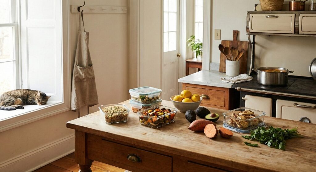 prep containers filled with sweet potatoes, chicken, and avocado for a healthy protein diet.