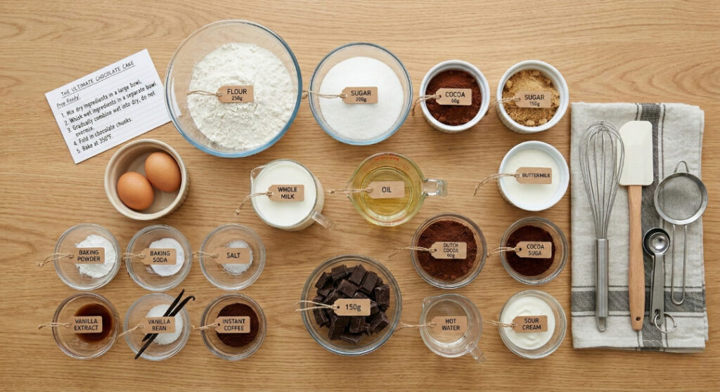 Flat lay view of egg whites, sugar, corn syrup, vanilla, and cream of tartar on a kitchen counter.