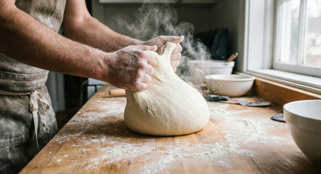 Baker's hands kneading smooth homemade fried dough on a floured kitchen surface.