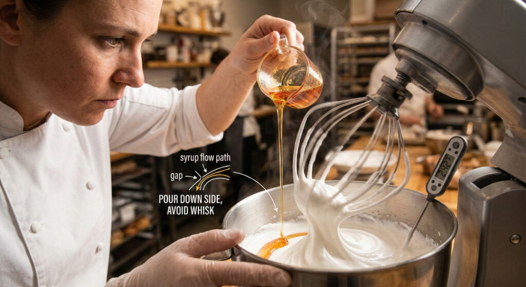 A steady stream of hot clear sugar syrup being poured down the side of a mixing bowl into whipped egg whites.
