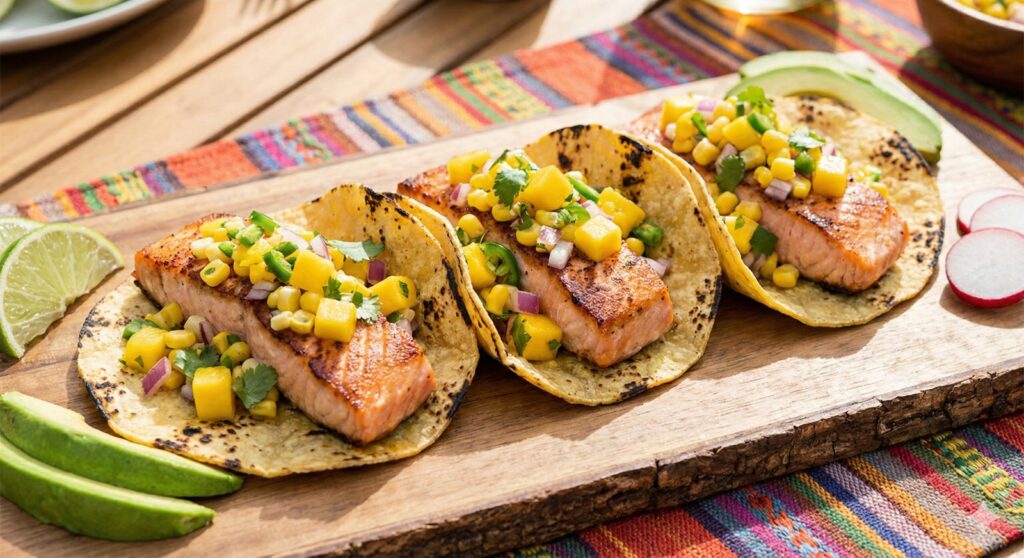Freshly grilled salmon tacos topped with a vibrant mango and sweet corn salsa.