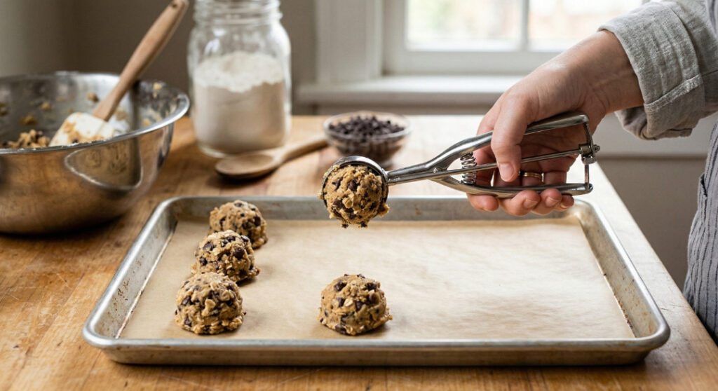 Using a cookie scoop to portion and roll dough onto a parchment paper lined baking sheet