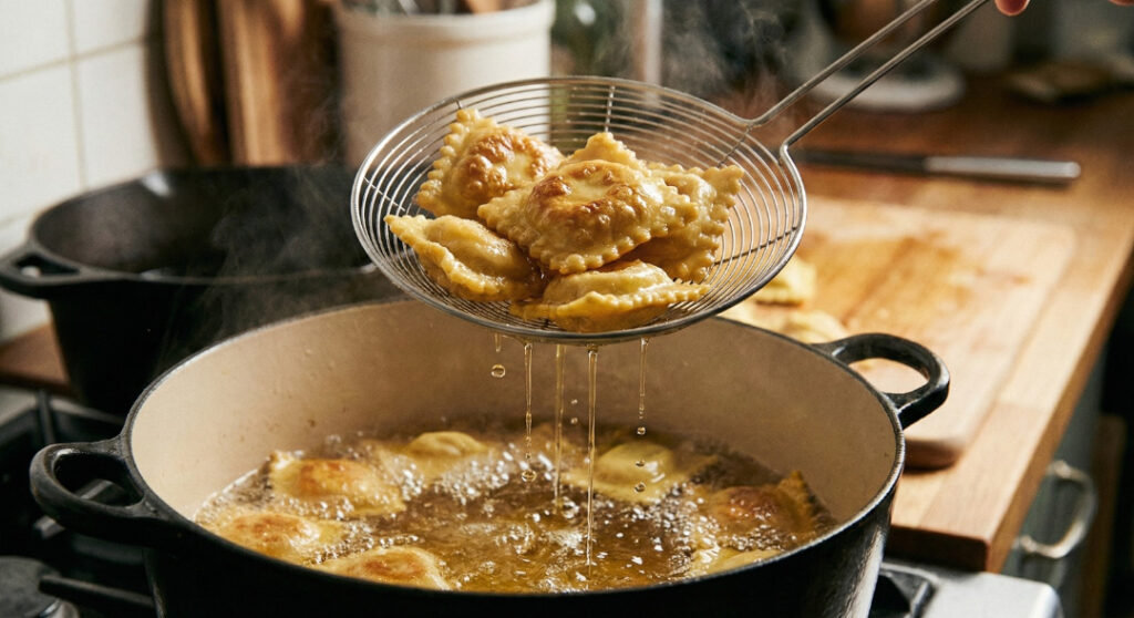 brown, crispy fried pasta snacks being scooped out of hot oil with a wire skimmer.