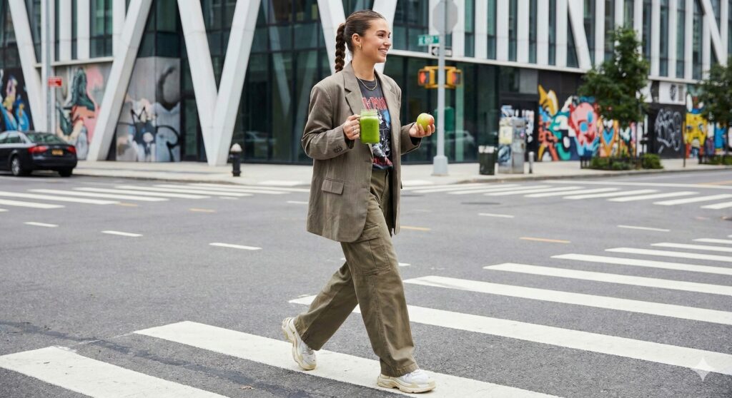 A fashionable person in street couture holding a healthy green smoothie, blending style and wellness.