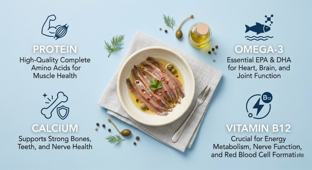 Infographic elements showing the high protein and omega-3 content of anchovies.