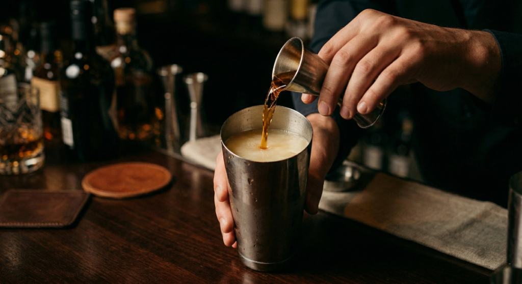 Pouring a splash of cask-strength bourbon into an Amaretto Sour mix.