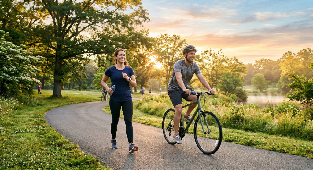 Beginners doing aerobic exercise through brisk walking and cycling outdoors