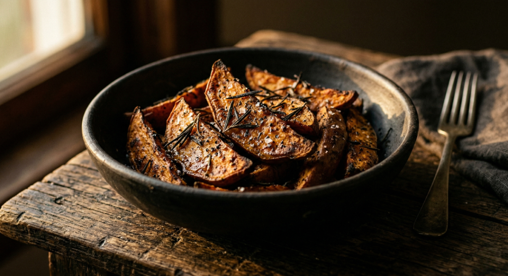 Oven-baked sweet potato fries with herbs.