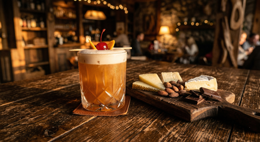An Amaretto Sour paired with a charcuterie board of cheese, almonds, and chocolate.