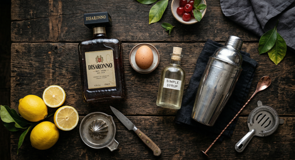 Ingredients needed to make an Amaretto Sour including amaretto, fresh lemons, simple syrup, and an egg.