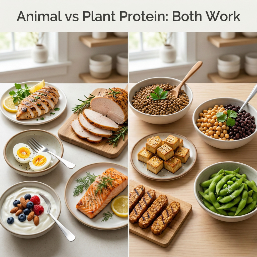 Animal vs plant protein comparison with chicken, eggs, yogurt, salmon, lentils, chickpeas, tofu, tempeh, and edamame.