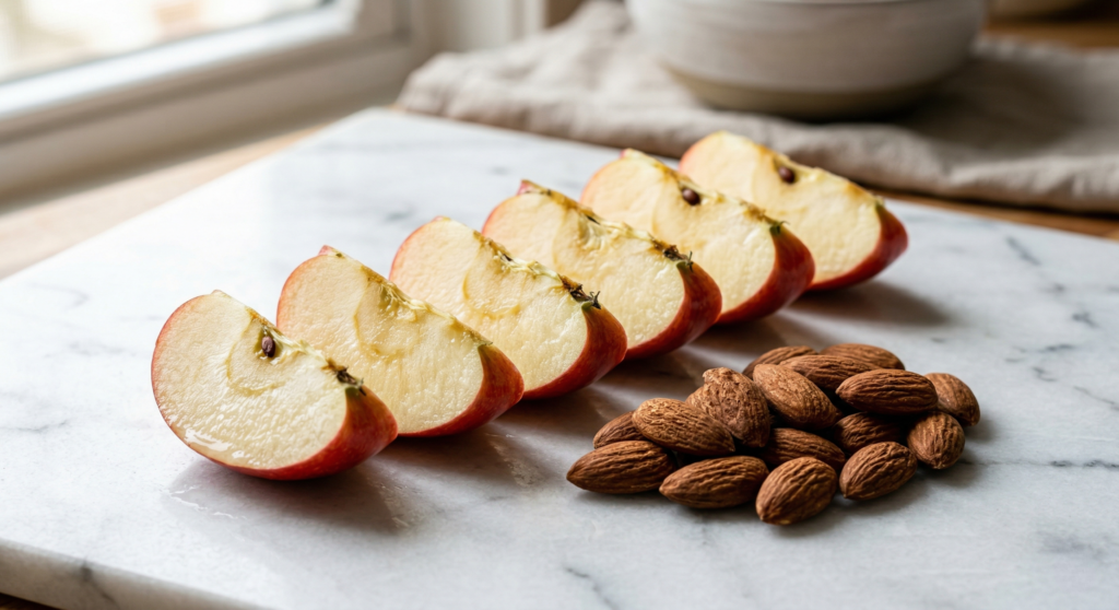 Sliced red apple and a handful of almonds, an easy and healthy snack to prevent sugary cravings during the day.