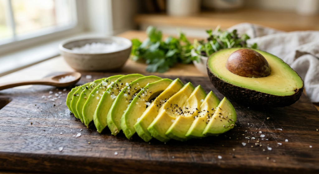 Sliced avocado on a wooden board, a healthy fat source scientifically proven to help you feel full longer.