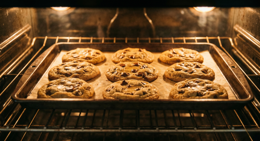 Looking through a lit oven door window at mini toad-in-the-holes puffing up and turning golden brown.