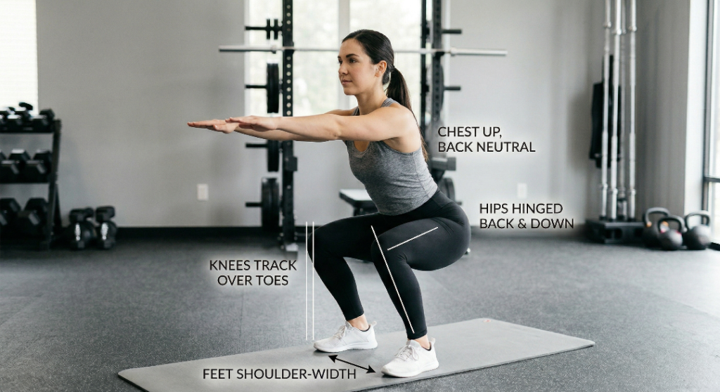 Beginner demonstrating correct bodyweight squat form for lower body strength
