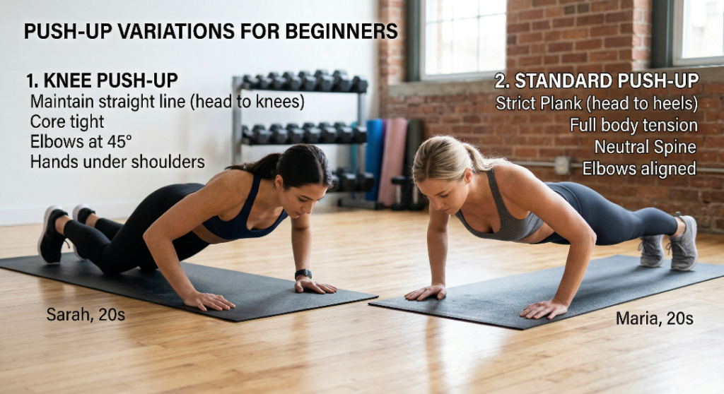 Beginner push-up variations showing knee push-up and standard push-up form
