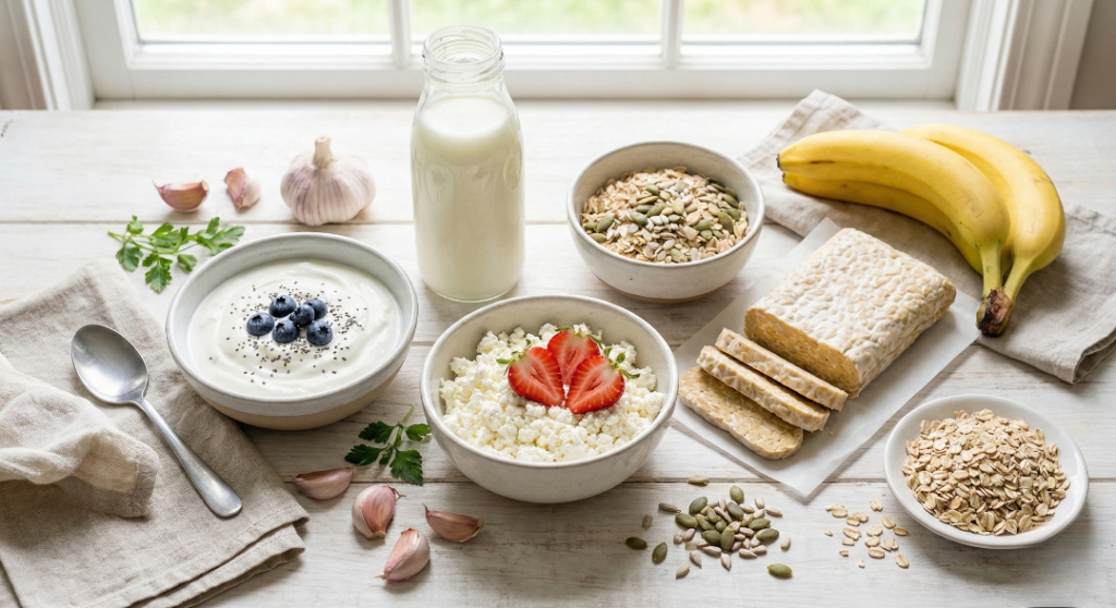Best high protein foods for gut health including yogurt, kefir, tempeh, and cottage cheese