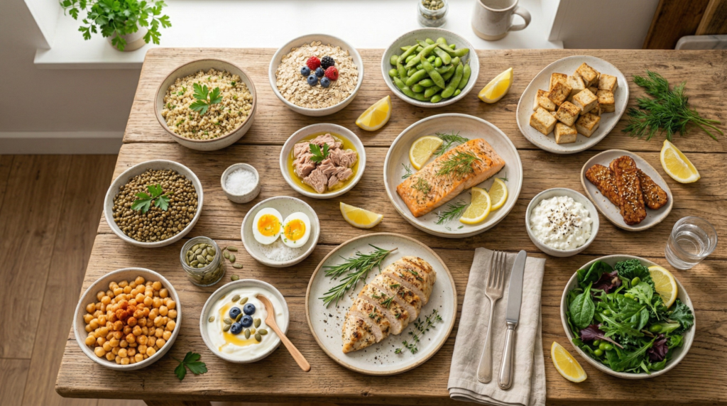 Best High-protein foods list with eggs, chicken, salmon, Greek yogurt, cottage cheese, lentils, chickpeas, tofu, tempeh, and edamame.