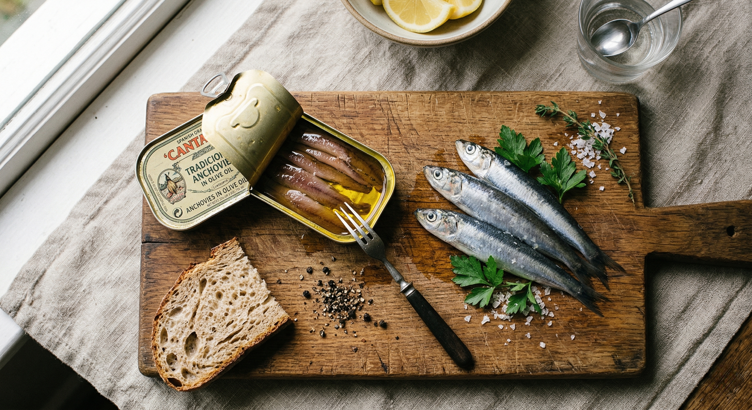 Canned and fresh anchovy fillets displayed on a rustic wooden cutting board.